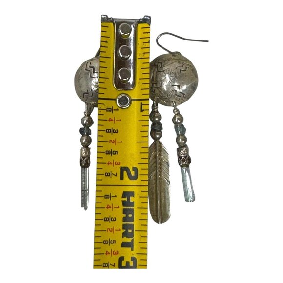 Vintage Southwest Silver Feather Dangle Earrings Engraved Design Quartz Crystal - Picture 4 of 8